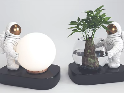 Astronaut Ornament Decoration Set With Globe Lamp Glass Vase And Green Plant 3d model