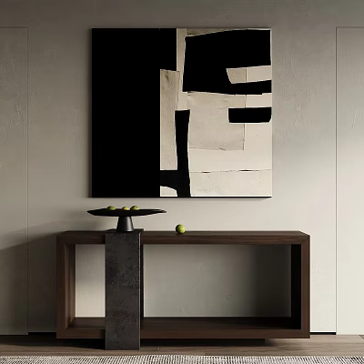 Black And White Abstract Painting Above Dark Wooden Console Table With Fruits And Apple 3d model