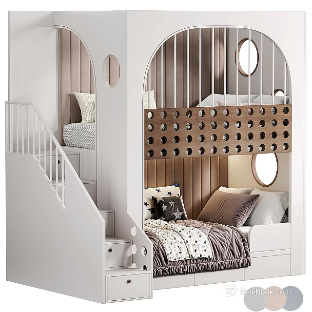 Modern Bunk Bed With Staircase Circular Accents And Cozy Bedding 3d model 