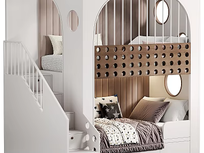 Modern Bunk Bed With Staircase Circular Accents And Cozy Bedding 3d model