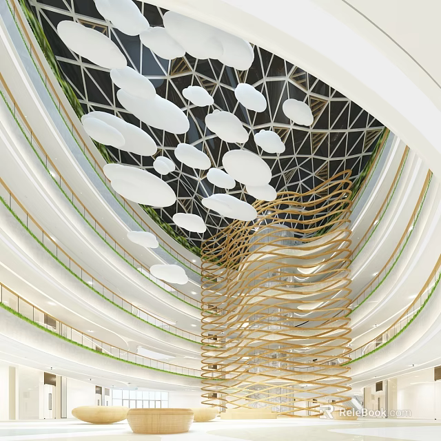 Contemporary Interior Design Featuring Cloud Shaped Lights Geometric Ceiling And Wavy Structures 3d model