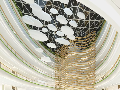 Contemporary Interior Design Featuring Cloud Shaped Lights Geometric Ceiling And Wavy Structures 3d model