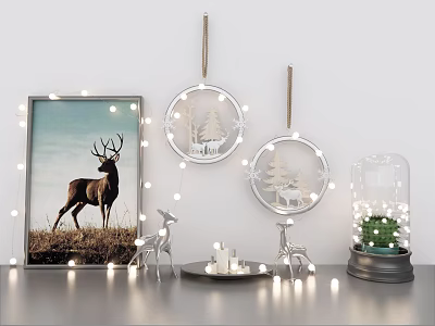 Christmas Decorations With Deer Wall Art Circular Ornaments And String Lights 3d model