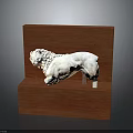 White Lion Sculpture Mounted On Two Tiered Reddish Brown Wooden Display Stand