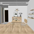 Modern Minimalist Restaurant Interior With Wooden Dining Table Chairs Shelves And Pendant Light