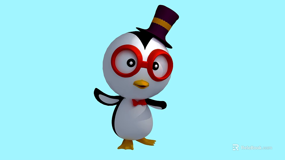 Cartoon Penguin With Purple Top Hat Red Glasses Red Bow Tie On Light Blue Background 3d model 