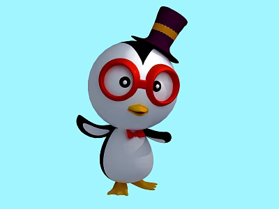 Cartoon Penguin With Purple Top Hat Red Glasses Red Bow Tie On Light Blue Background 3d model