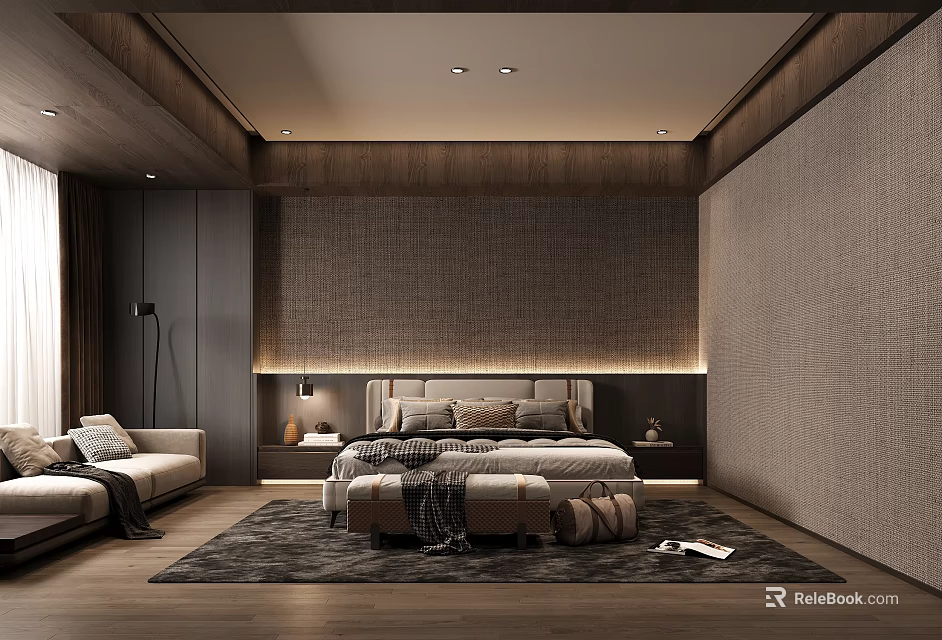 Modern Dark Wood Bedroom With Woven Accent Wall Large Bed Sofa And Area Rug 3d model 