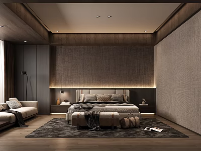 Modern Dark Wood Bedroom With Woven Accent Wall Large Bed Sofa And Area Rug 3d model