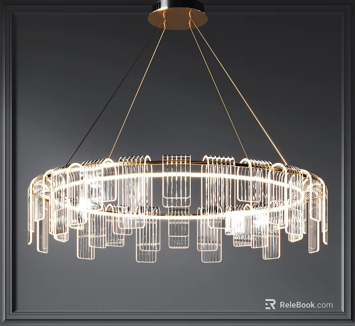 Modern Circular Chandelier With Golden Frame And Crystal Pendants Illuminated Brightly 3d model 