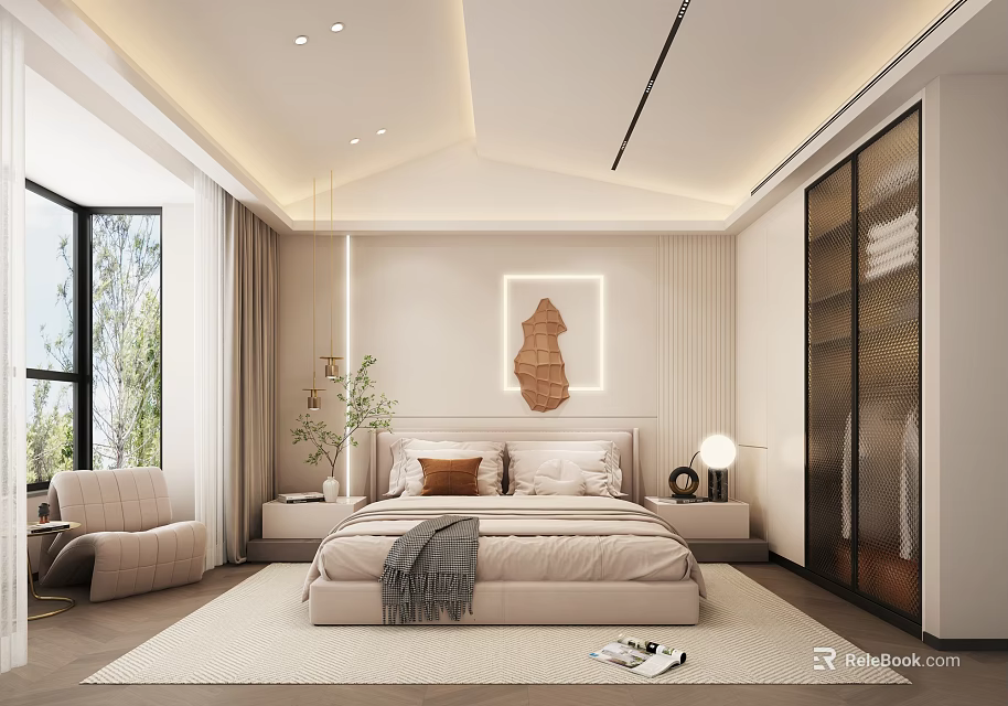 Modern Minimalist Bedroom Interior With Large Bed Bedside Tables And Potted Plant 3d model 