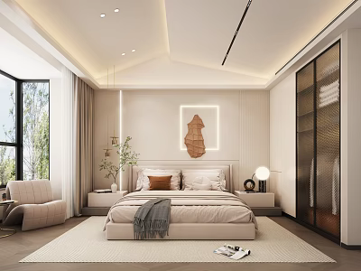 Modern Minimalist Bedroom Interior With Large Bed Bedside Tables And Potted Plant 3d model