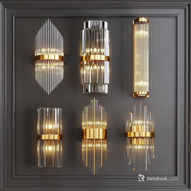 Elegant Modern Wall Mounted Lighting Fixture Set With Crystal Glass And Gold Accents 3d model 