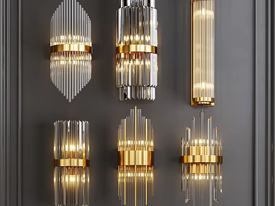 Elegant Modern Wall Mounted Lighting Fixture Set With Crystal Glass And Gold Accents 3d model