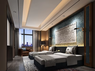 Elegant Hotel Guest Room With Twin Beds City View And Decorative Wall Art 3d model