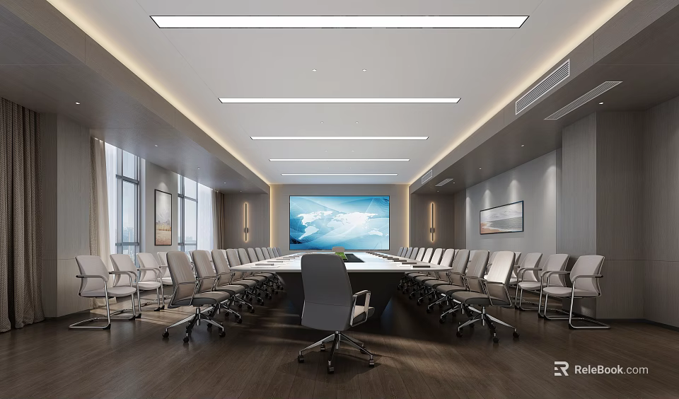 Modern Conference Room With Long Table Large Screen Comfortable Chairs And Windows 3d model 