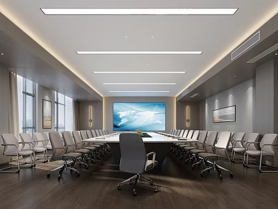Modern Conference Room With Long Table Large Screen Comfortable Chairs And Windows 3d model