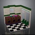 Vintage Laundry Shop Interior Design With Washing Machines Green Chairs Potted Plants And Checkerboard Floor