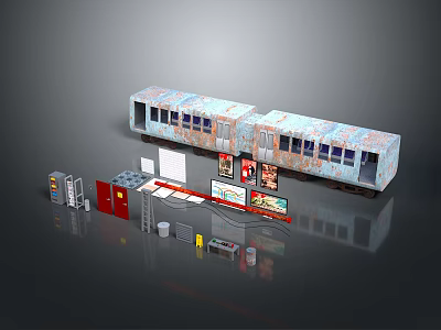 Vintage Subway Train Car with Station Turnstiles Billboards Signs and Trash Bins 3d model