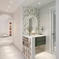 Modern Bathroom Interior With Floral Wallpaper Arched Mirror Green Cabinet And Glass Block Vanity