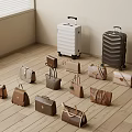 Various Styles of Bags and Stylish Suitcases in Neutral Tones Displayed on Wooden Floor