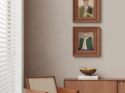 Two Oil Paintings Hanging On Wall In Interior With Chair Cabinet And Fruit Bowl 3d model