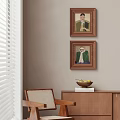 Two Oil Paintings Hanging On Wall In Interior With Chair Cabinet And Fruit Bowl