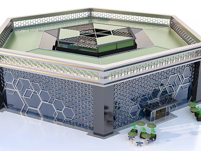 Modern Office Building With Hexagonal Facade Green Roof And Outdoor Seating Area 3d model