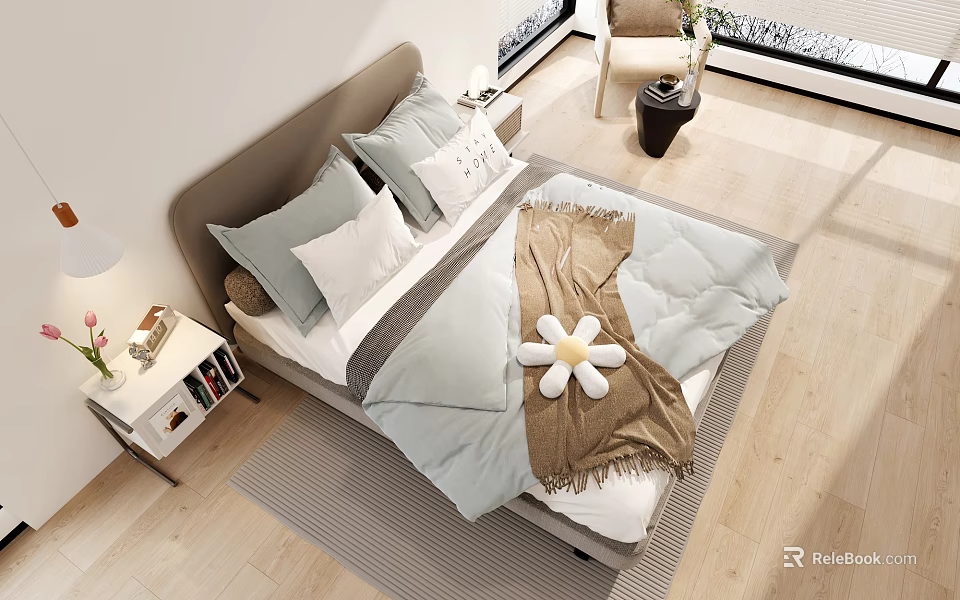 Modern Double Bed Interior With Light Blue Bedding Gray Pillows Brown Blanket And Flower Decor 3d model 