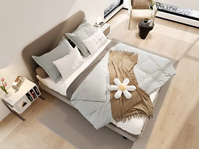 Modern Double Bed Interior With Light Blue Bedding Gray Pillows Brown Blanket And Flower Decor 3d model