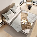 Modern Double Bed Interior With Light Blue Bedding Gray Pillows Brown Blanket And Flower Decor