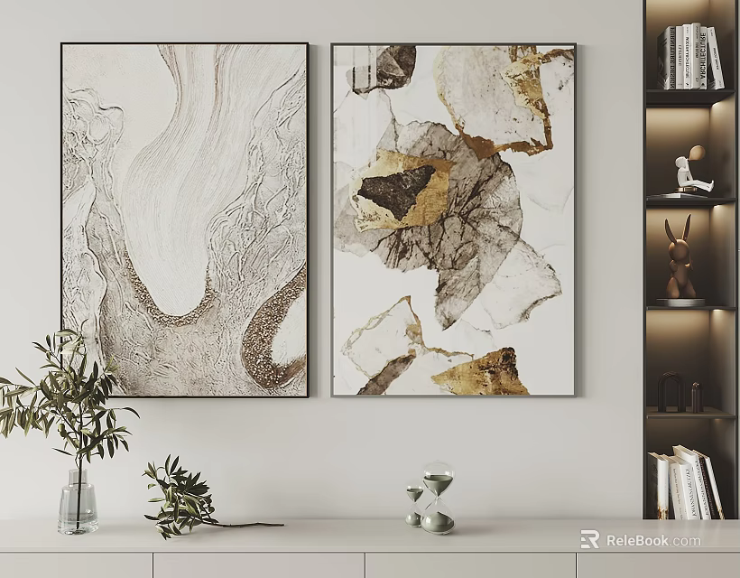 Abstract Wall Art With Gold Accents In Modern Living Room 3d model 