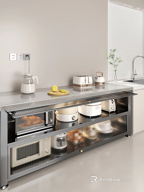Modern Kitchen Countertop With Metal Shelves Toaster Kettle Lemon And Cookware 3d model 