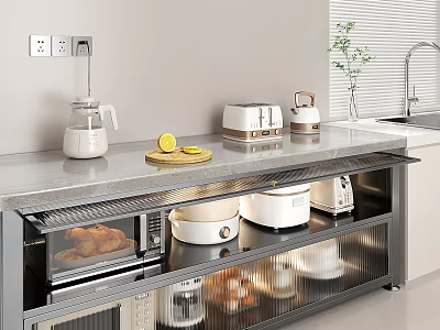 Modern Kitchen Countertop With Metal Shelves Toaster Kettle Lemon And Cookware 3d model