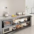 Modern Kitchen Countertop With Metal Shelves Toaster Kettle Lemon And Cookware