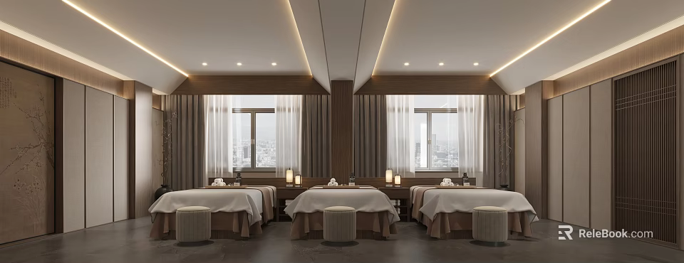 SPA Sauna Interior With Three Beds Ambient Lighting And City View Windows 3d model 