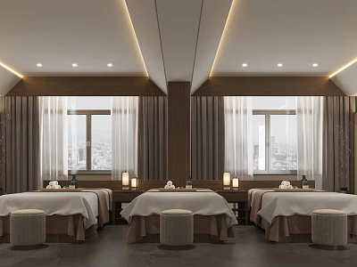 SPA Sauna Interior With Three Beds Ambient Lighting And City View Windows 3d model