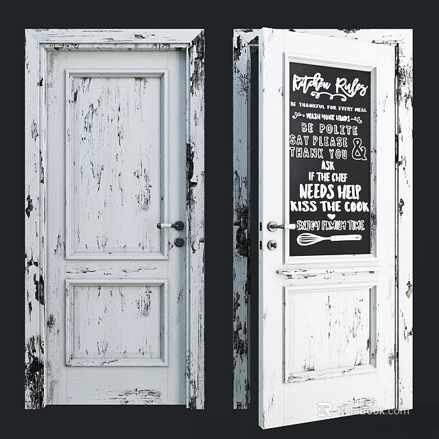 Old White Door With Worn Marks And Chalkboard Displaying Chef's Rules 3d model 