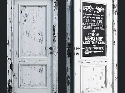Old White Door With Worn Marks And Chalkboard Displaying Chef's Rules 3d model