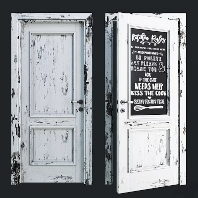 Old White Door With Worn Marks And Chalkboard Displaying Chef's Rules 3d model
