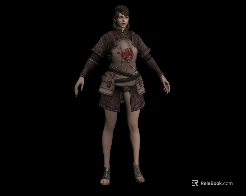 Game Movie Character Wearing Ancient Style Costume With Red Emblem Dark Coat Waist Belt And Sandals 3d model 