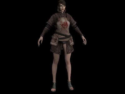 Game Movie Character Wearing Ancient Style Costume With Red Emblem Dark Coat Waist Belt And Sandals 3d model