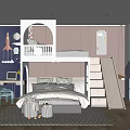 Kids Room Interior With Bunk Bed Slide Desk Rocket Decor And Arched Design