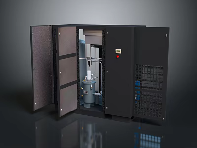 Industrial Black Equipment Cabinet With Open Doors And Internal Mechanical Components 3d model