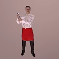 Man Wearing White Shirt Tie And Red Apron Holding Silver Shaker On Light Brown Background