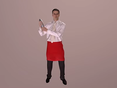 Man Wearing White Shirt Tie And Red Apron Holding Silver Shaker On Light Brown Background 3d model