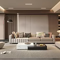 Cozy Modern Living Room Interior With Beige Sofa Striped Rug And Wooden Coffee Table