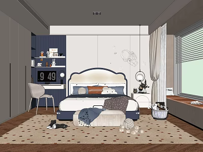 Kids Room Interior With Bed Bookshelf Toys Window Curtains And Rug 3d model
