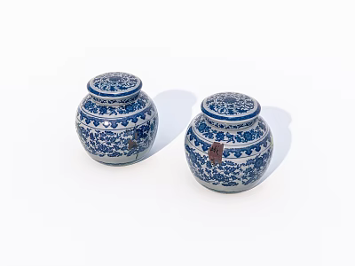 Pair of Blue and White Ceramic Jars with Decorative Lids and Intricate Patterns 3d model