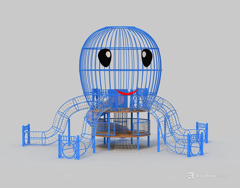 Blue Octopus Shaped Playground Equipment with Cage Structure Slides Platform and Netting 3d model